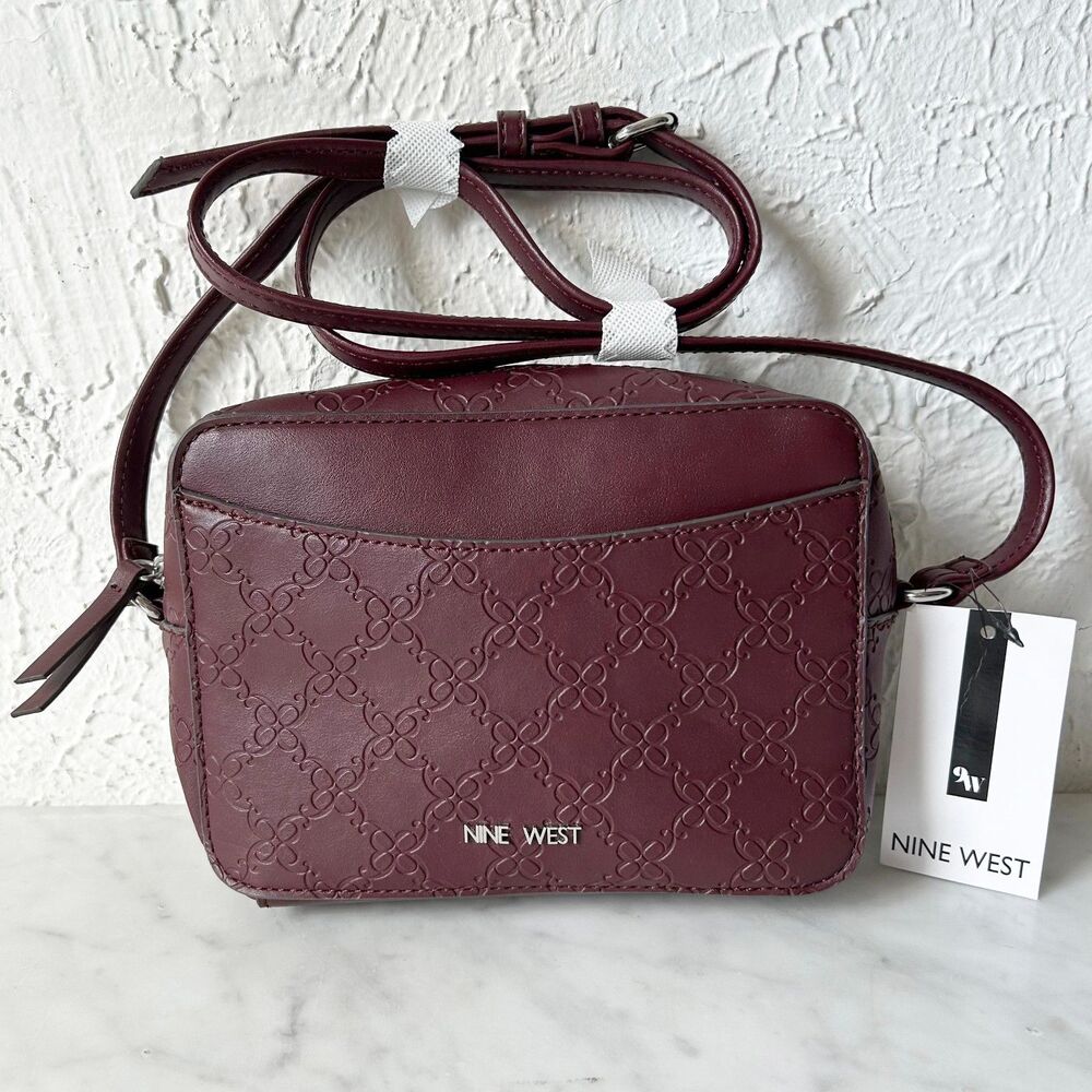 Nine West Calandra Mini Crossbody Bag Merlot Embossed Logo Faux Leather NWT